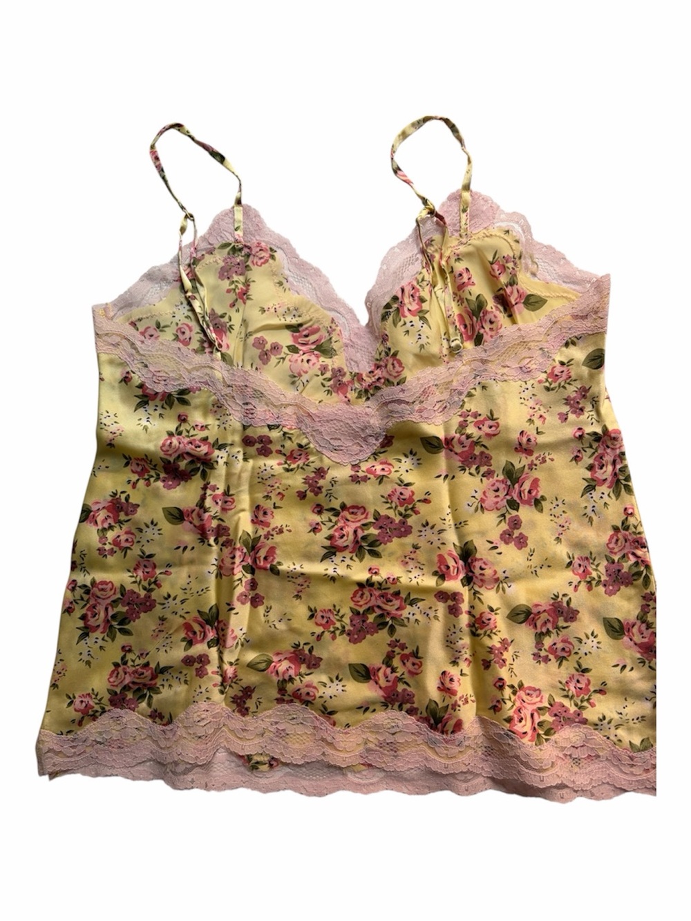 Floral Satin Lace Cami - Pink Lace on Yellow Floral - Picture 2 of 4